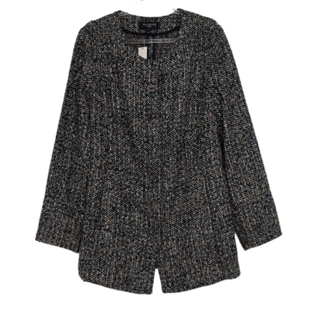Talbots Tweed Jacket Womens Petite Size 10 Italian Fabric Collarless Snap NEW